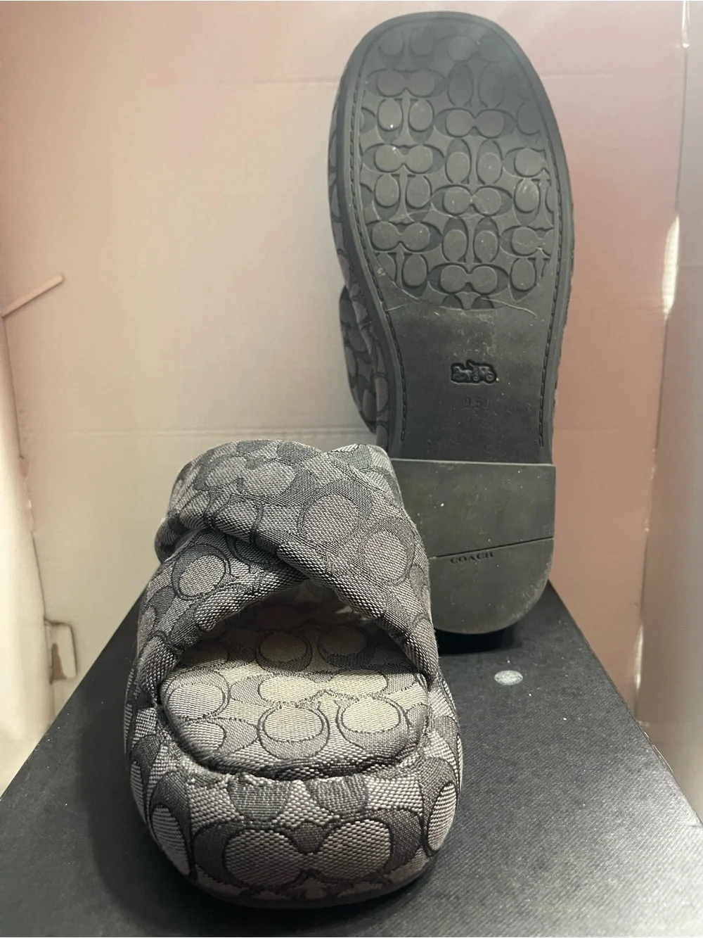 Coach Gray Signature Jacquard Cross-Band Slide Sandals